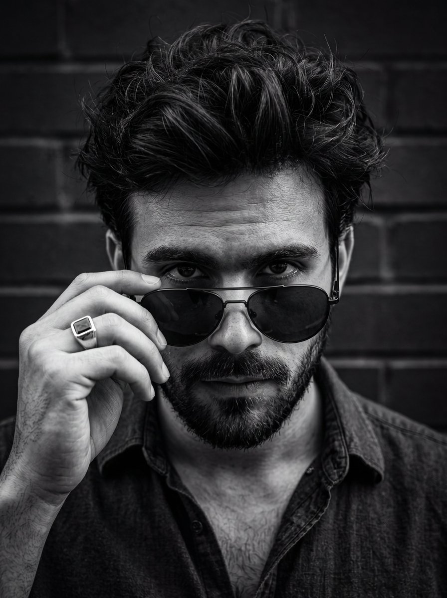 High-contrast black and white intense male portrait