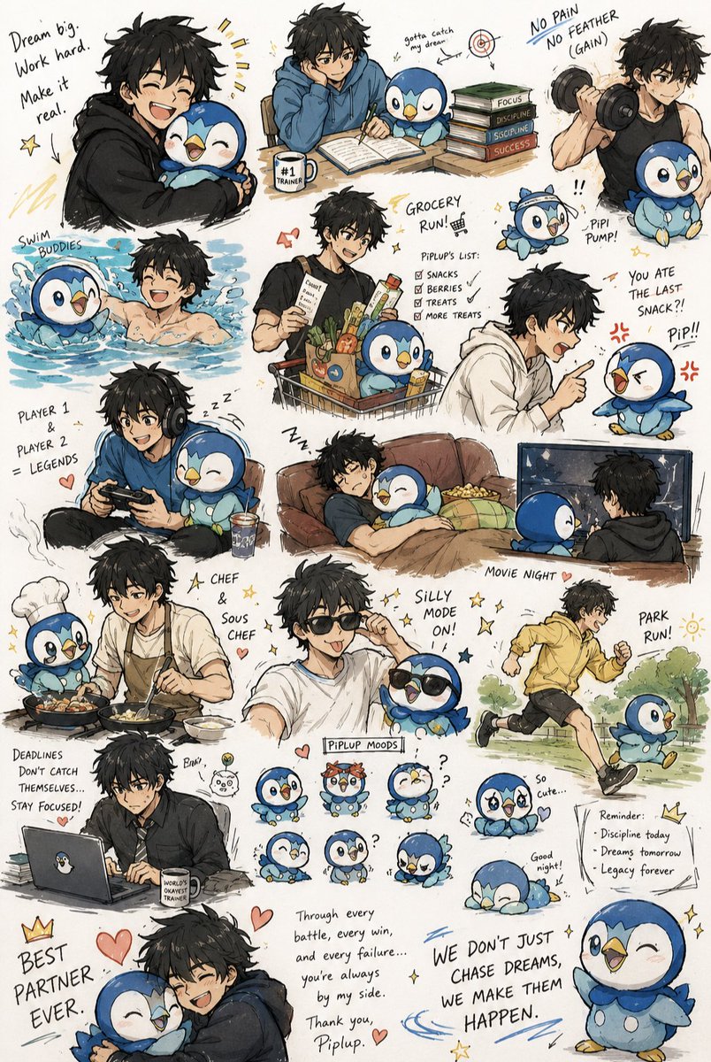动漫男孩和 Piplup 冒险表