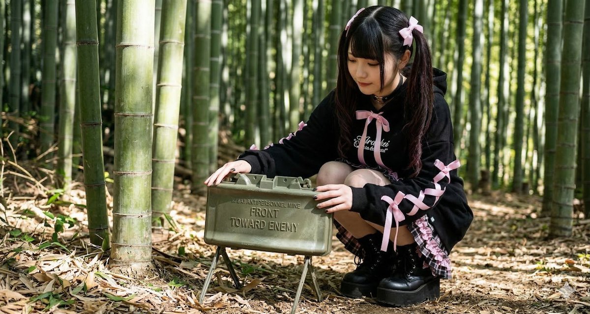 竹林中拿着双刃剑的自来系少女