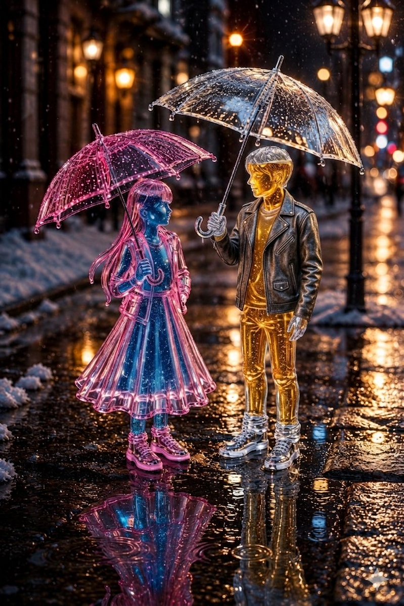 冬季降雪中异想天开的玻璃情侣